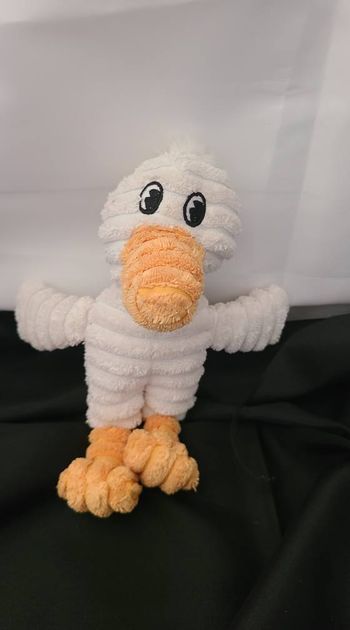 Peluche publicitaire canard LUFTHANSA oiseau côtelé blanc orange compagnie aérienne 20 cm