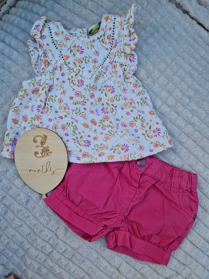Ensemble blouse et short rose bébé fille tao 3 mois