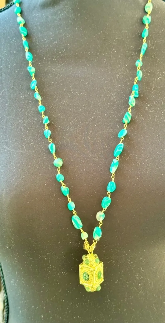 Collier sautoir  pierres amazonites grigri malachite acier - photo numéro 6