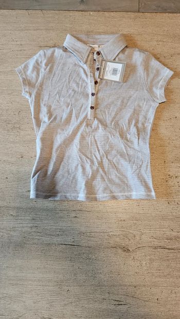 Polo fille à manches courtes taupe ligné beige, Buissonnière, 8 ans, neuf