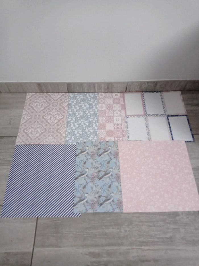 Lot de 7 feuilles scrapbooking rose bleu et beige