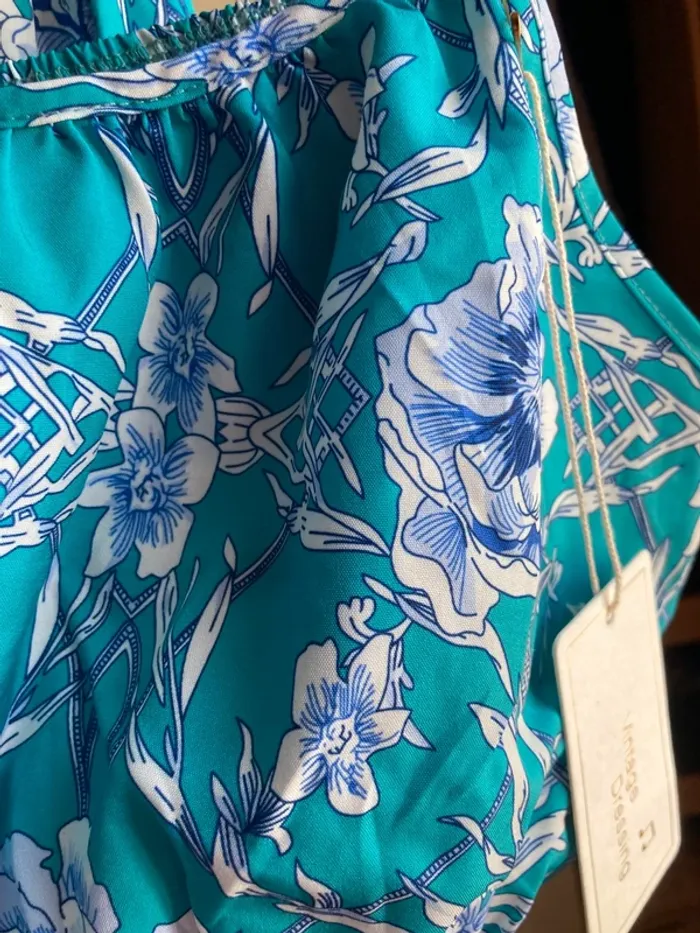 Superbe ensemble vintage jupe patineuse top crop réglable bleu turquoise fleurs - photo numéro 4