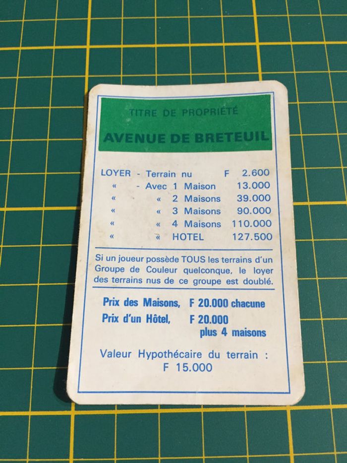 Carte Avenue de Breteuil pièce détachée Monopoly Miro Parker company #A63