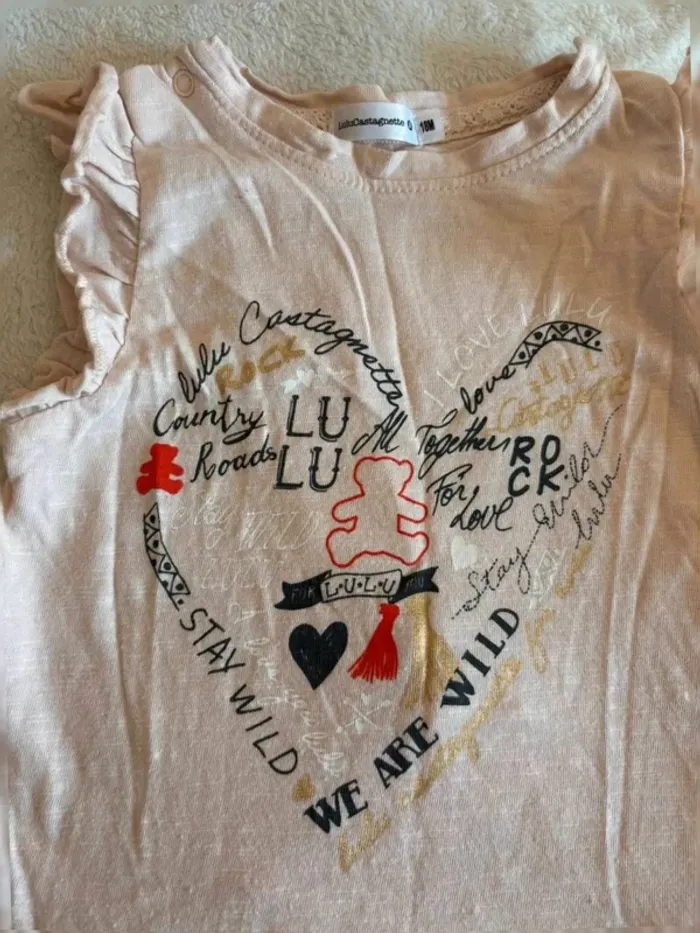 Tee-shirt bébé fille LuluCastagnette 18 mois – Rose poudré à volants et cœur imprimé - photo numéro 3