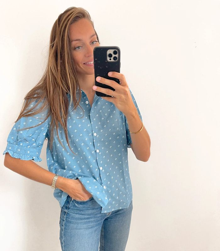 🌟 Chemise sans manches bleu et blanche motifs palmiers