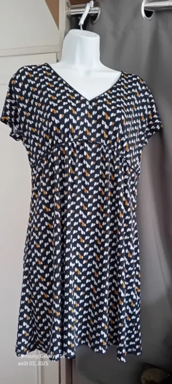 Robe courte fluide col V imprimé abstrait tâches bas évasé marine femme L cache cache