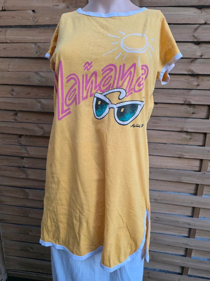 Long Tee-shirt plage imprimé 🍒vintage 70🍒taille unique voir mesures descriptif