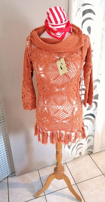 Robe tunique plage été ouverte coton corail crochet fait main. 