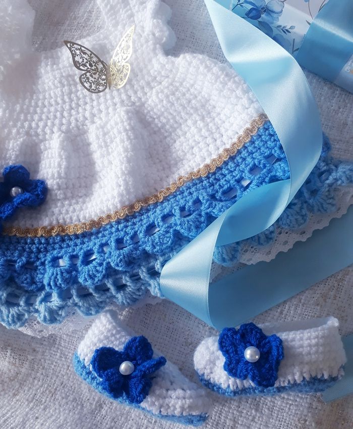 Vêtement bébé fille robe bleue crochet dentelle papillon doré naissance cadeau maternité - photo numéro 3