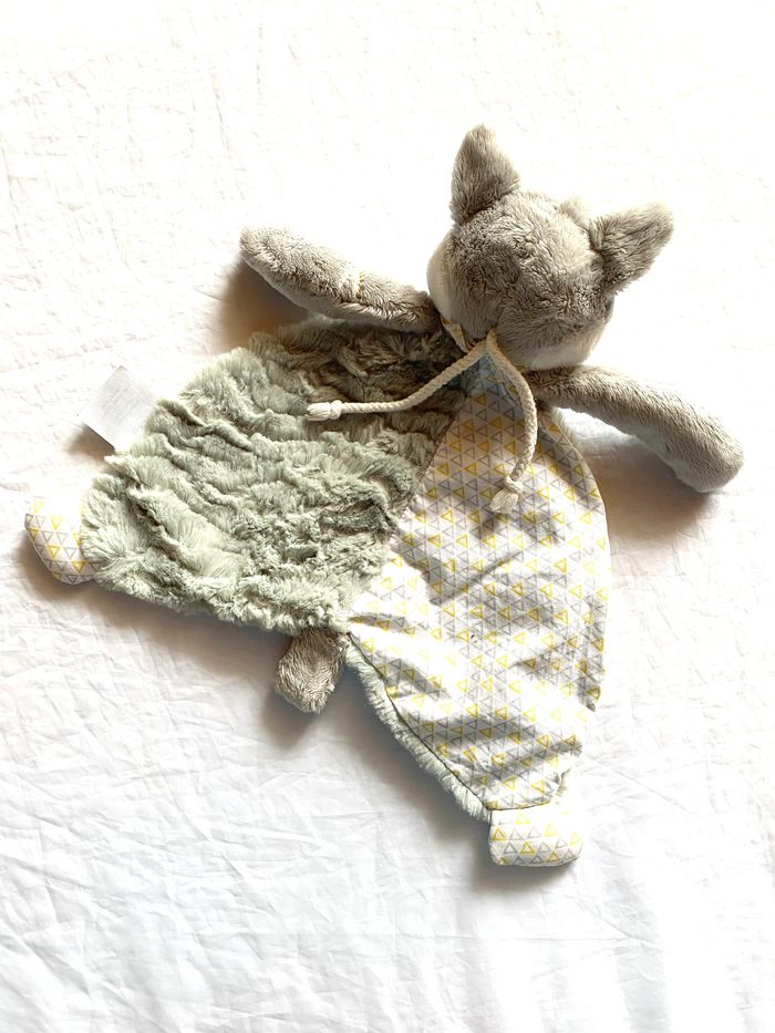 Renard Gris Doudou Robe Verte Partie Fourrure Partie Lignes Verticales Peluche Petits Enfants Bébés - photo numéro 5