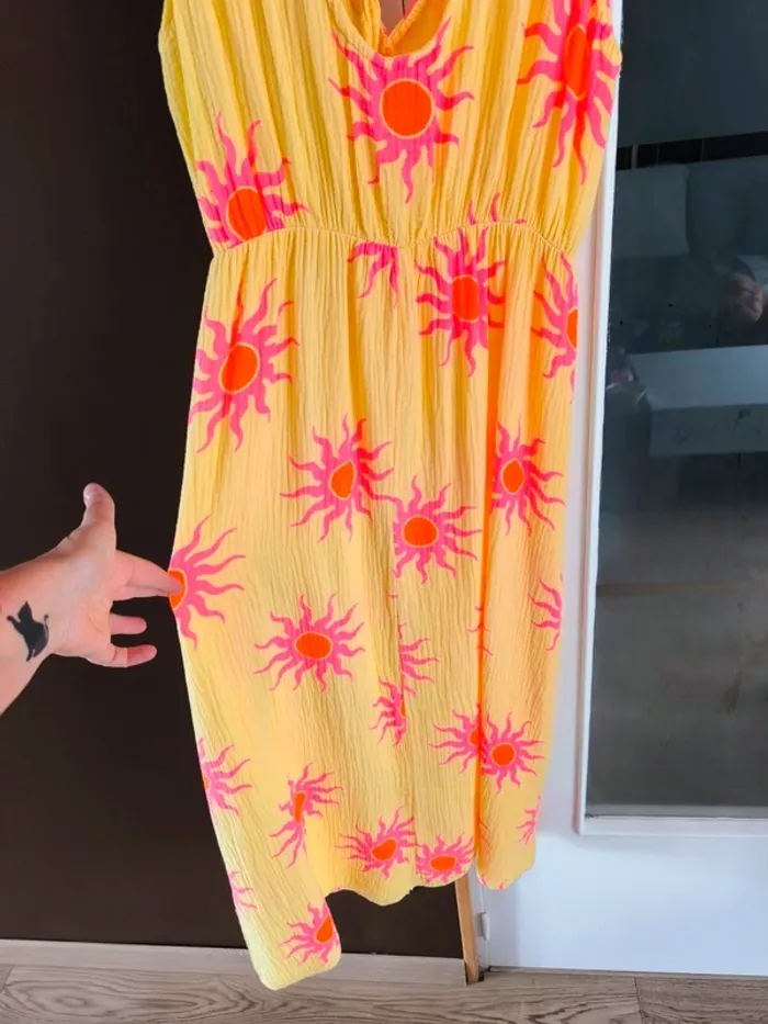 Robe longue été jaune et rose gaz de coton imprimé soleil TU 36 à 42 - photo numéro 10