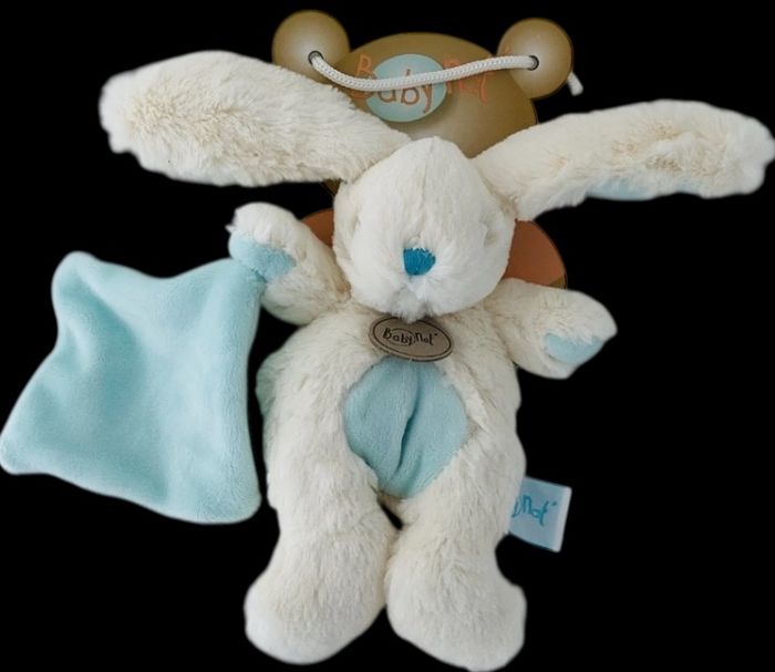 B6296❤️  Doudou Peluche Mouchoir lapin Babynat Baby Nat Blanc Écru bleu