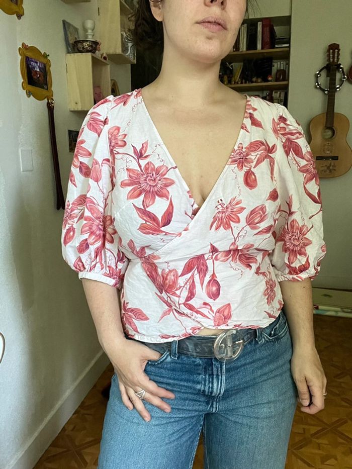 Chemisier croisé manches bouffantes rose et blanc H&M 36 - photo numéro 2