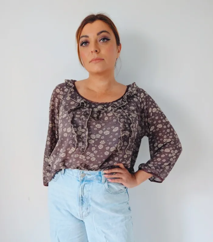 Blouse légère transparentes à volant ample fluide gris beige fleuri style bohème 1 23 taille 40 - photo numéro 2