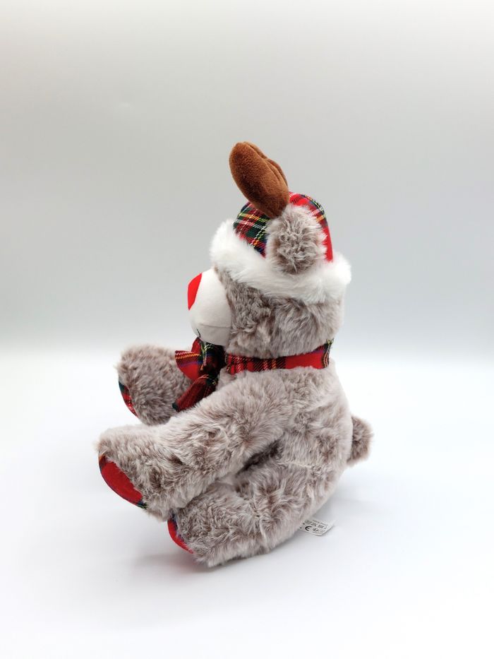 Peluche doudou renne marron chiné beige BLEU BONHEUR nez rouge bonnet carreaux - photo numéro 3