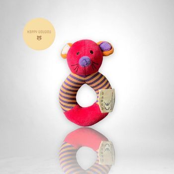 Peluche doudou hochet souris rose rayures BabyLove H35