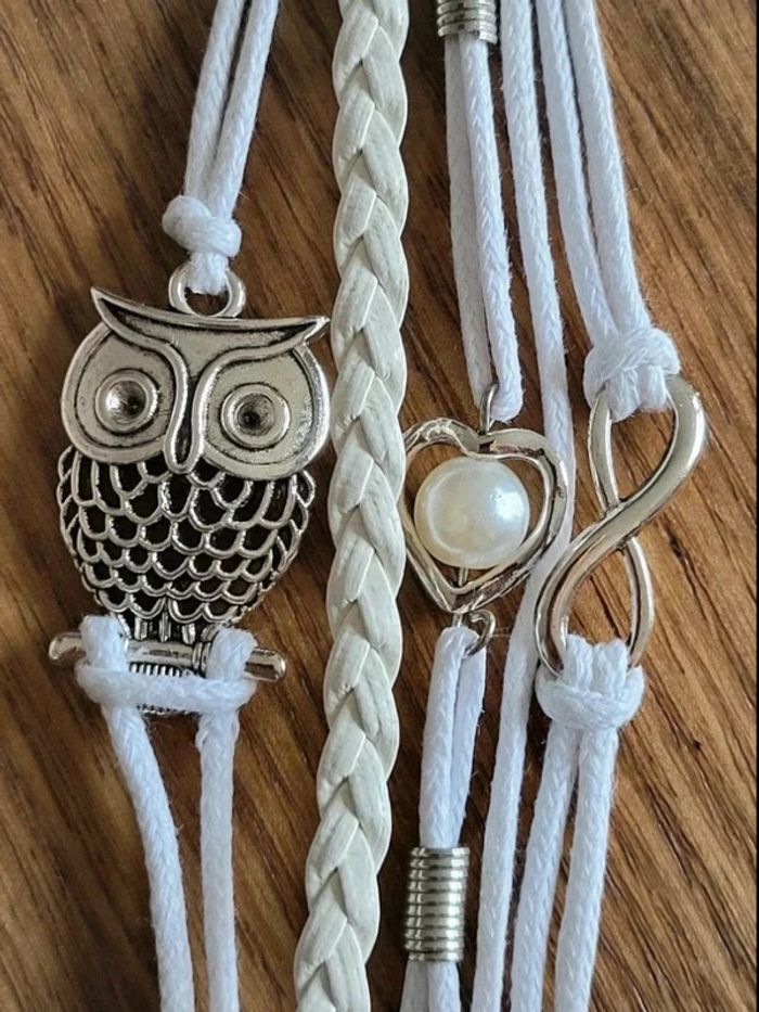 Bracelet hibou blanc multi-liens fantaisie – perle & symbole infini – bijou tendance femme - photo numéro 2
