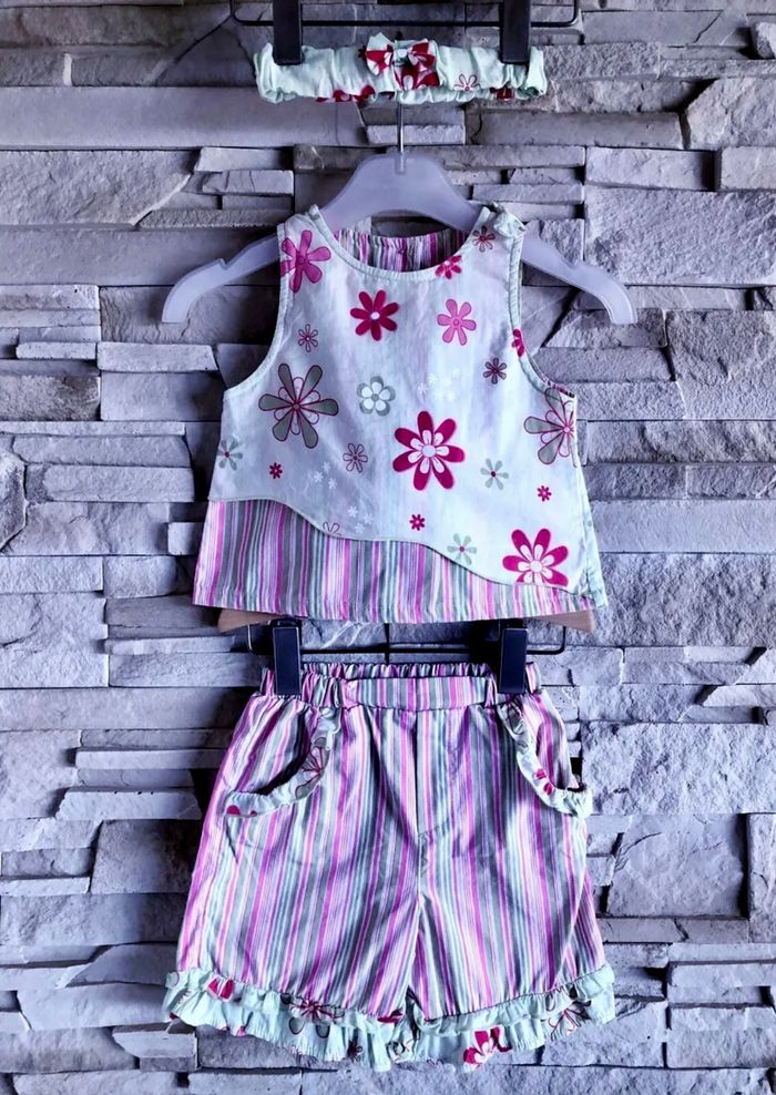 KITIWATT - ENSEMBLE 3P BÉBÉ FILLE VOLANTS, NOEUDS ET MOTIF FLEURS & RAYURES 6M - photo numéro 2