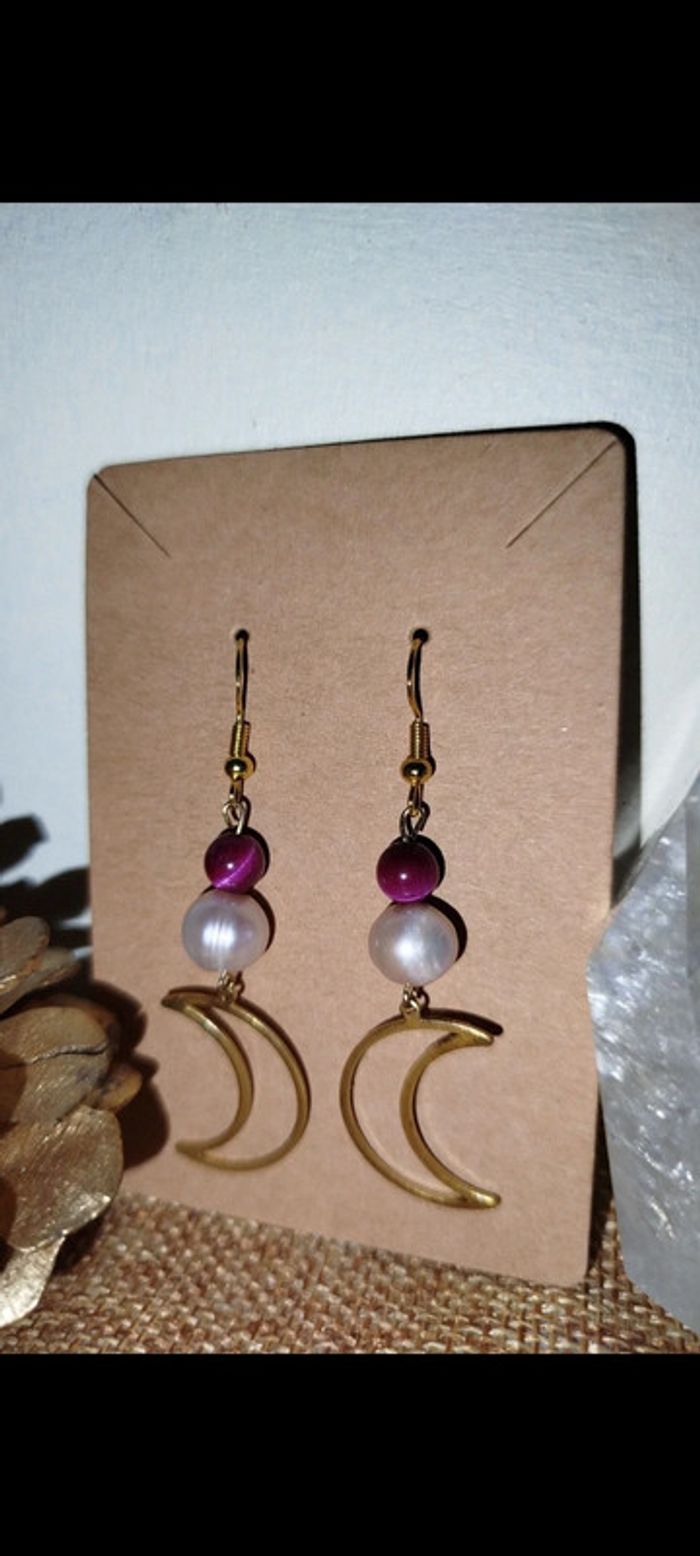 Boucles d'oreilles en plaqué Or-nacre/Agate Fushia