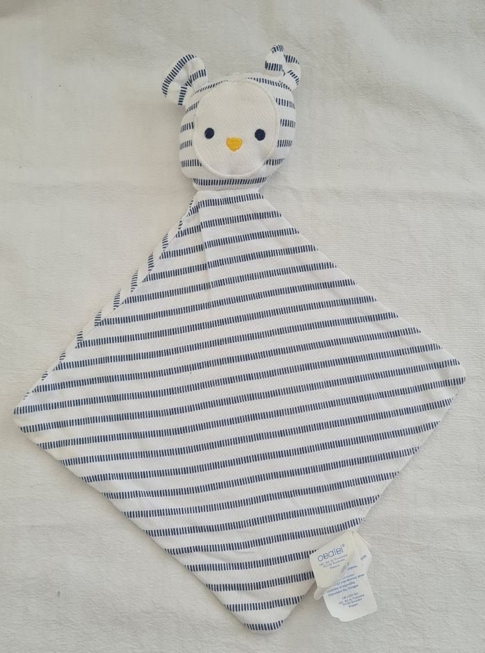 Doudou plat ours losange tissu blanc et bleu marine rayé- Obaibi
