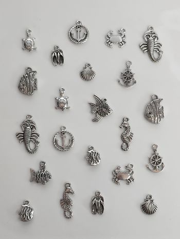 22 breloques charms argentées thème mer poisson, ancre, crabe ect Lot n°5645