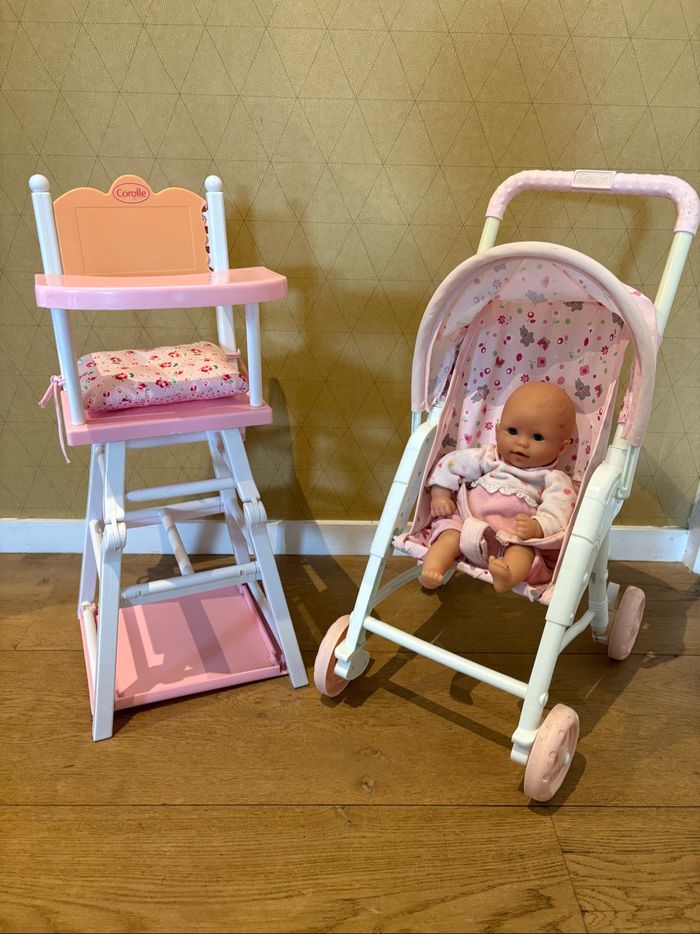 Lot chaise haute, poussette et bébé corolle