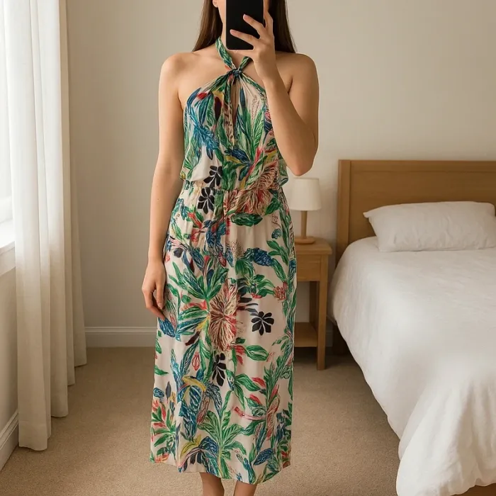 Magnifique robe longue imprimé fantaisie coloré dos nu avec lien attache cou T.M Promod