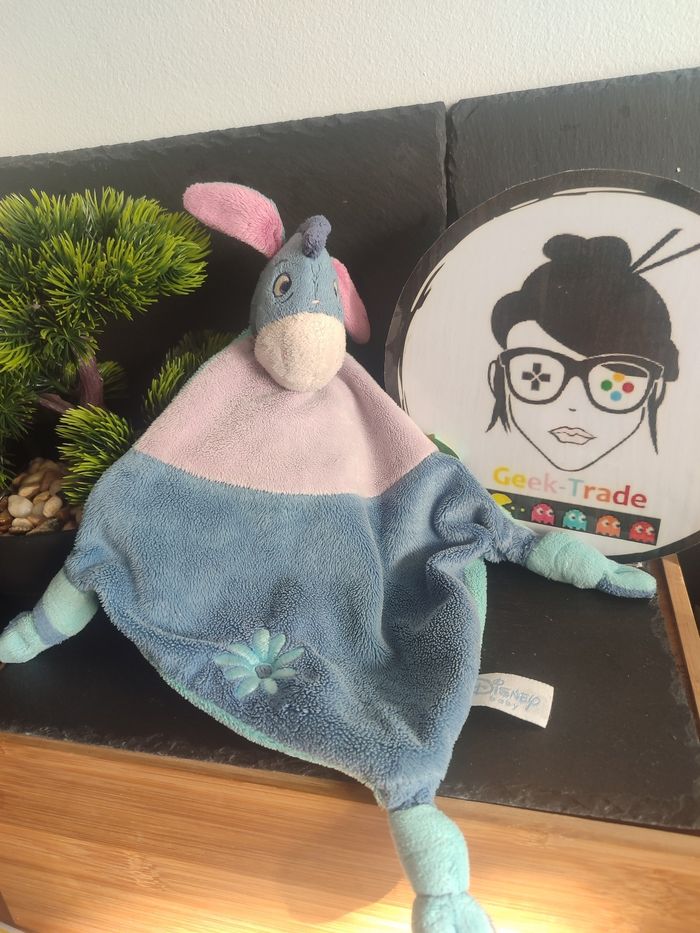 Doudou plat noeuds Bourriquet bleu mauve fleur Disney violet ancien vintage