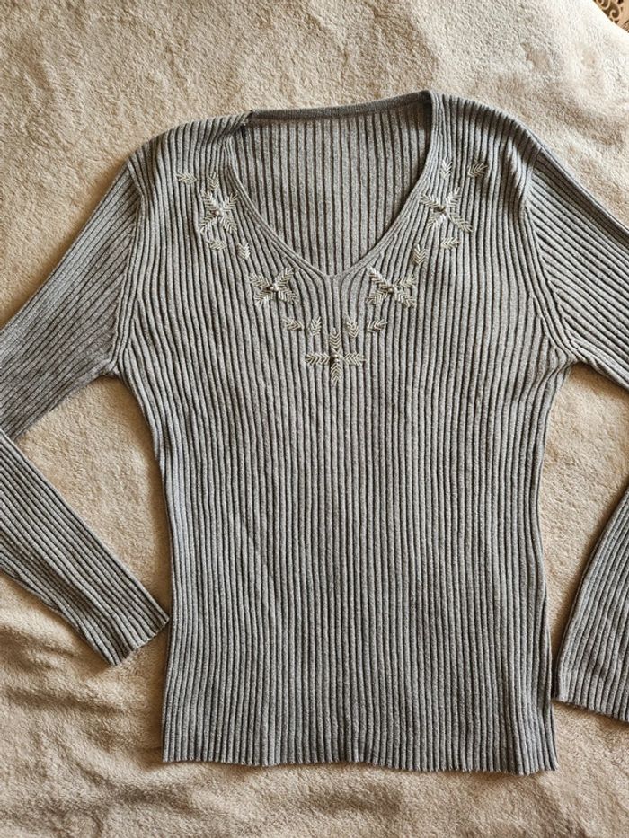 Pull fin côtelé argenté brillant et perles Vintage - photo numéro 2