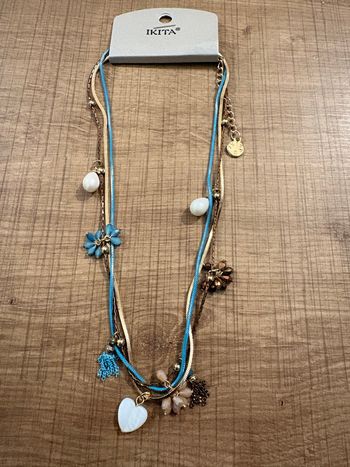 Collier Ikita multirangs bleu doré pendentif cœur