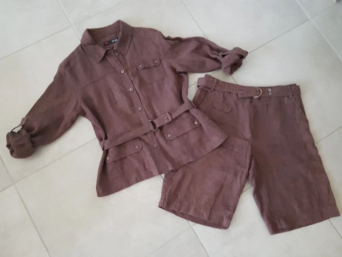 Ensemble 2 pièces SYM 100% lin  marron manches relevables