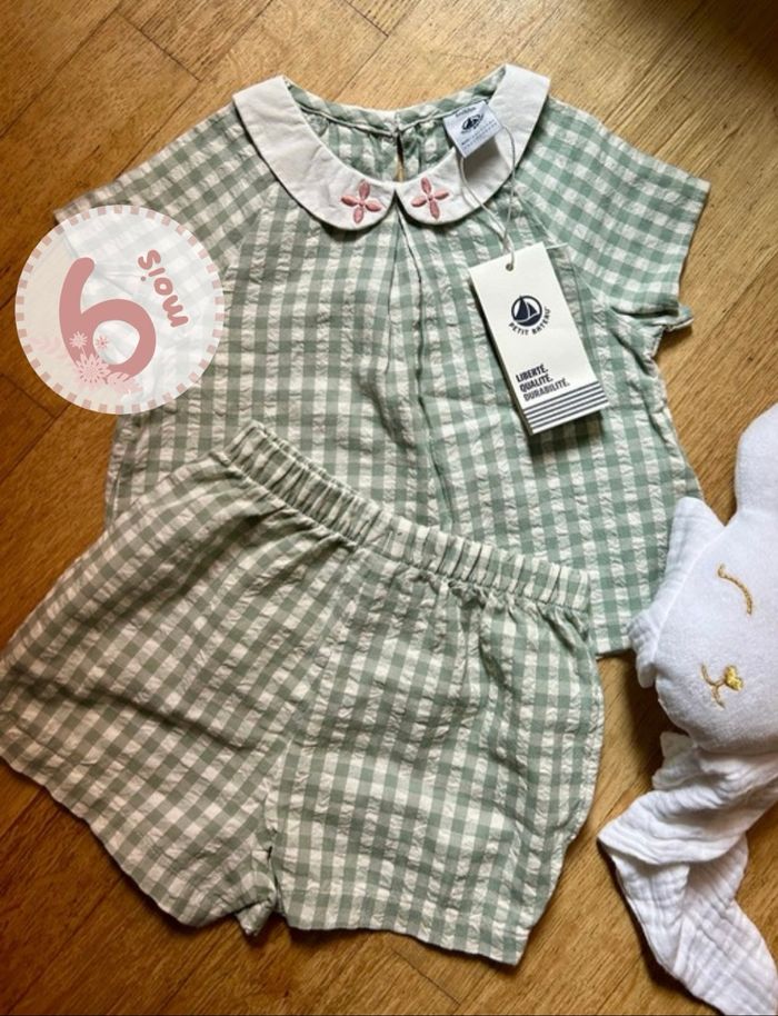 ⛵ NEUF avec Étiquette | Ensemble Été PETIT BATEAU 6 Mois | T-shirt + Short - photo numéro 2
