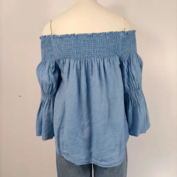 Top épaules dénudées bleu clair Zara taille XS style bohème manches larges smocké A188 - photo numéro 5