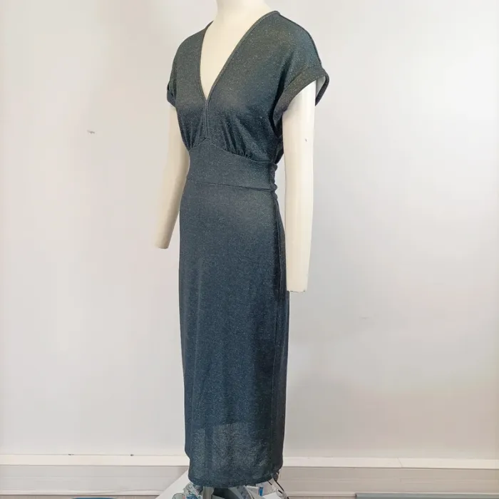 Robe longue paillettes bleu - t36 - robe de soirée moulante femme décolleté et noeud à l'arrière. - photo numéro 2