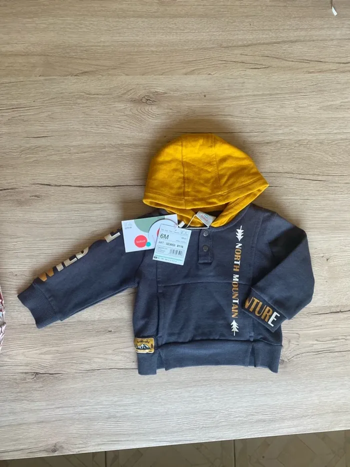 Sweat pull capuche hiver garçon 6 mois gris bleu