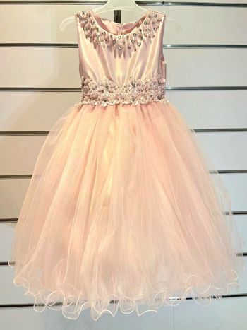 robe cérémonie fille couleur saumon buste satiné perlées dentelle à la taille bas en tulle mariage taille 4 ans