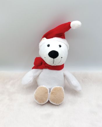 Doudou peluche ours polaire blanc bonnet Noël 24 cm KINDER Ferrero écharpe rouge