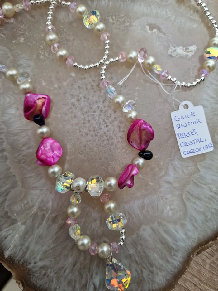 Collier Sautoir Perles Nacrées Perles Cristal Perles Coquillage Fushia - photo numéro 16