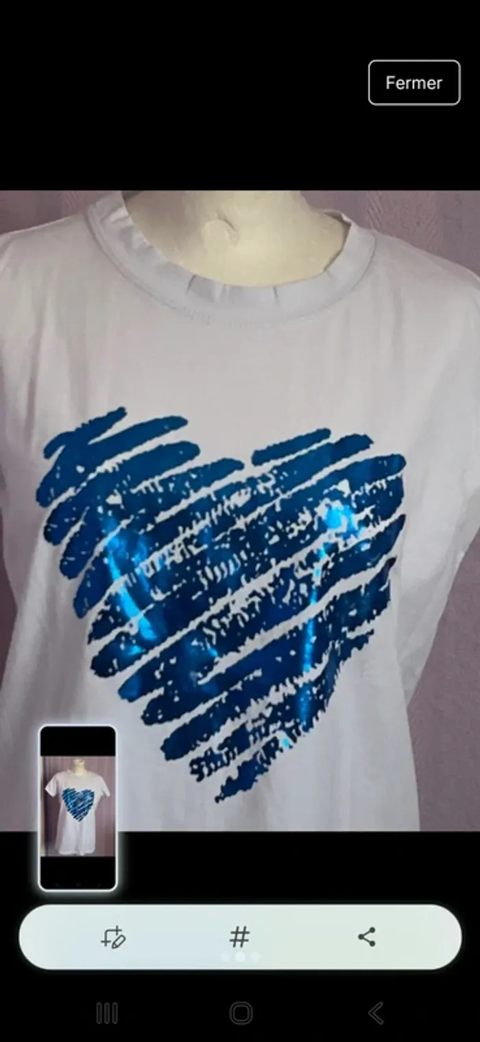 🌟 T-shirt Femme Blanc avec Cœur Bleu 🌟 - photo numéro 2
