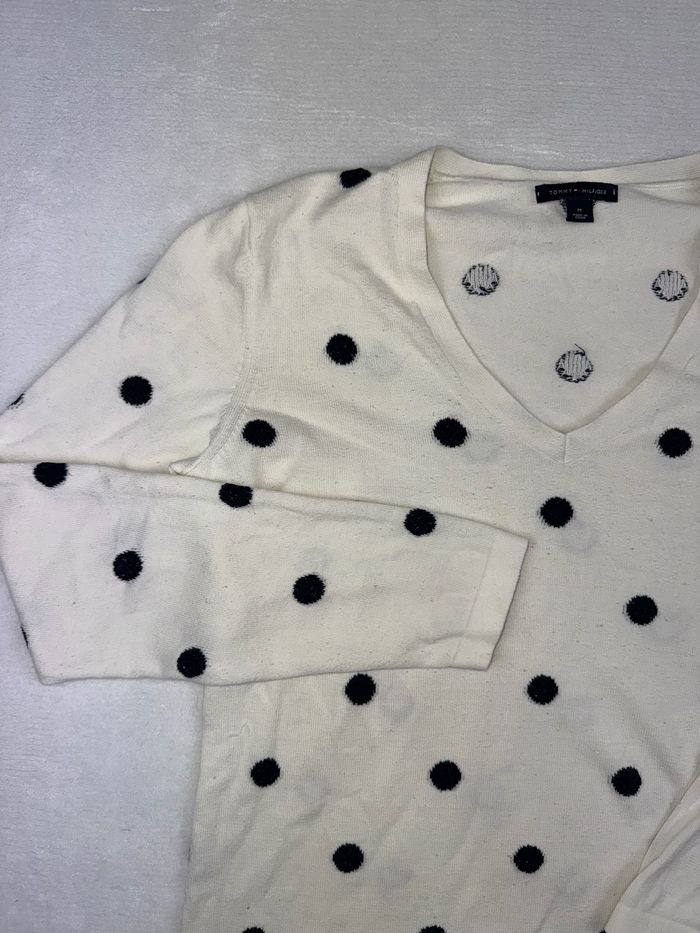 Pull / Sweat Tommy Hilfiger femme taille M col V manches longues blanc à pois noir 100% coton #02325 - photo numéro 4
