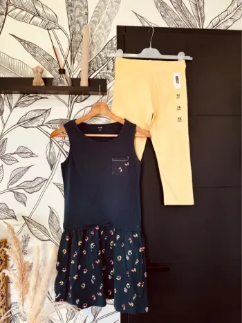 Taille 12 ans robe et legging été fille Kiabi bleu marine et jaune * sirène * 🩷