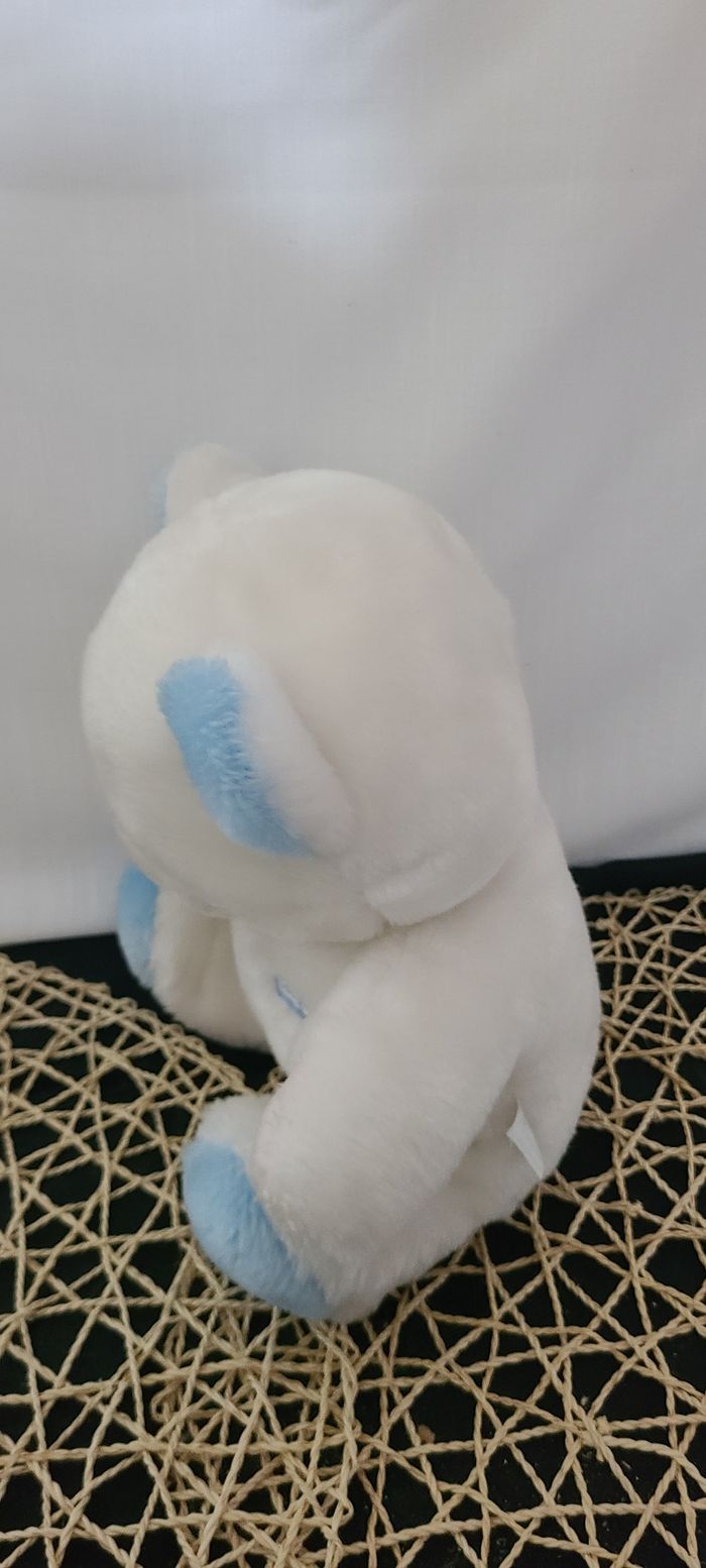 Peluche ours BOULGOM bleu blanc vintage nez rose 30 cm - photo numéro 4