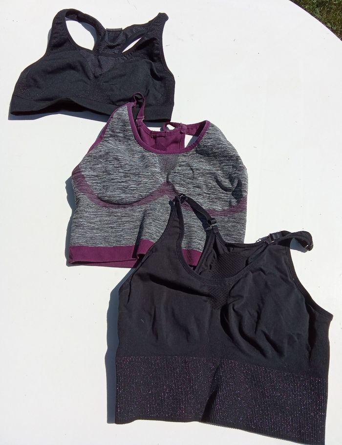 Lot de  3  brassières de sport femme taille   L  ou 40  bordeaux, noir, yoga, fitness, dance, - photo numéro 2