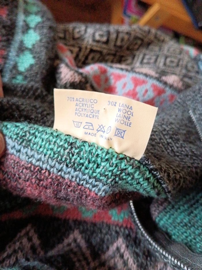 Pull col camionneur gris et multicolore vintage - photo numéro 11