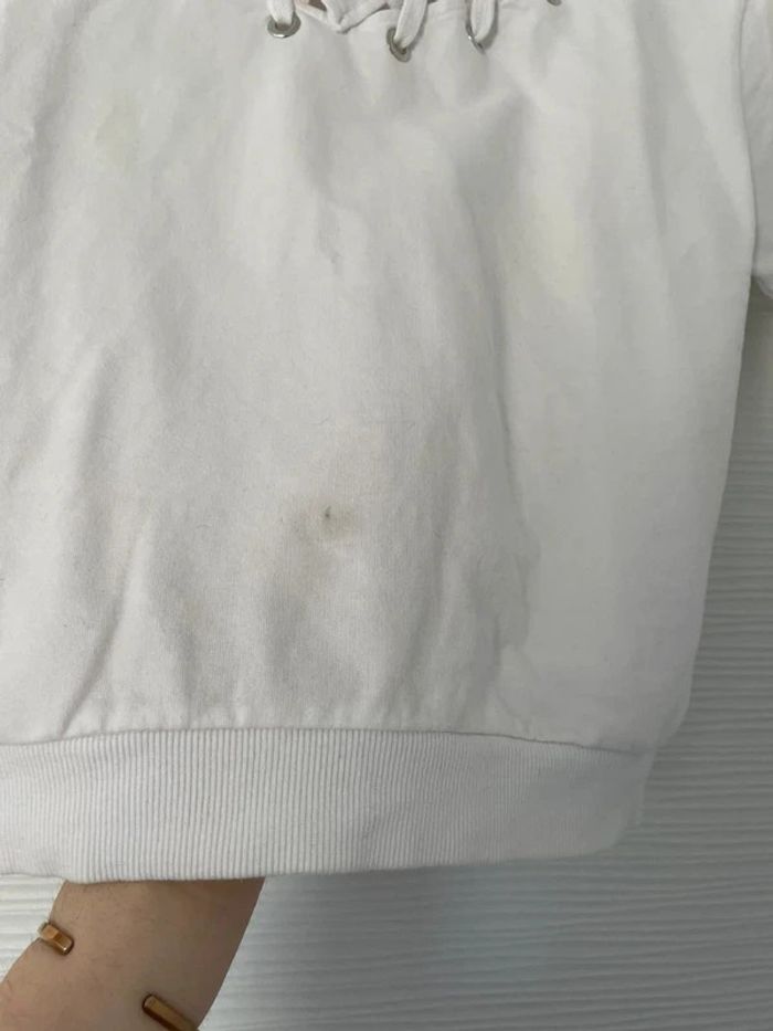 Haut t-shirt sweat blanc uni à lacets manches courtes col en V - photo numéro 3