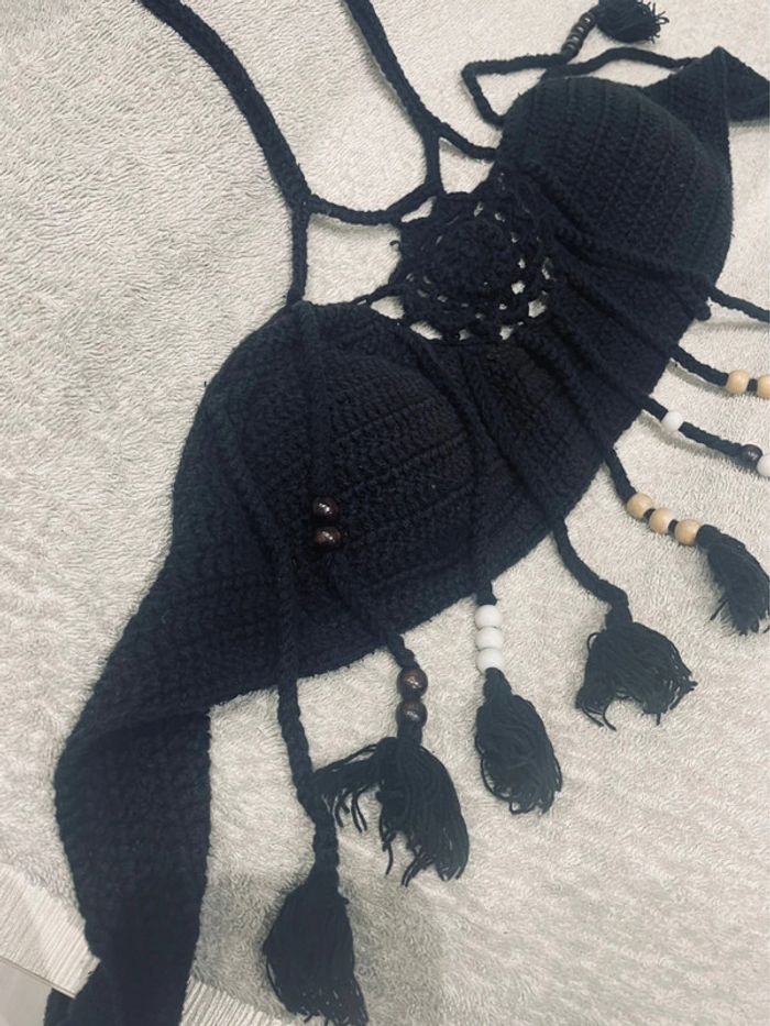 Haut de maillot de bain en tricot a franges avec perles - photo numéro 11