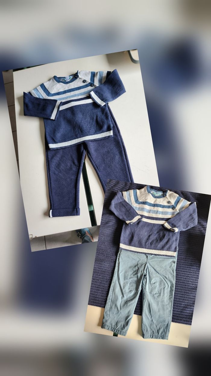Ensemble pull tricolore obaibi/ 2 pantalons obaibi bleu clair/marine