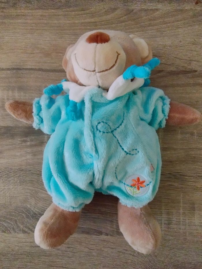Doudou ours tex combinaison bleue