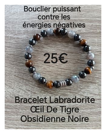Bracelet en pierres naturelles Labradorite Œil de Tigre Obsidienne Noire neuf