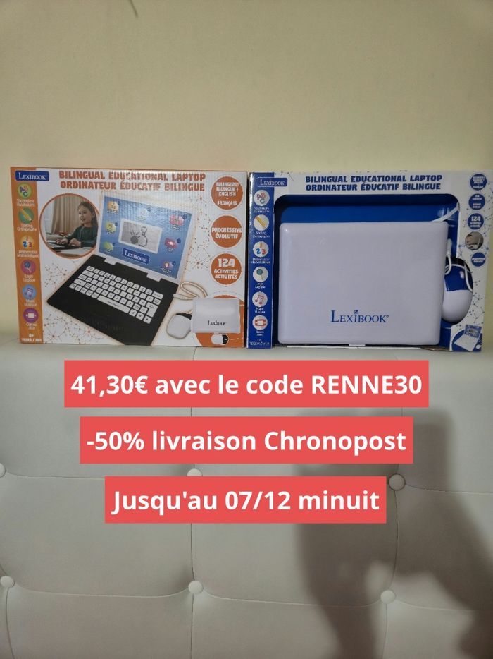 Lot de 2 ordinateurs Lexibook 
Bilingues 124 activités chacun 
Le bleu : 3 ans + et le orange : 4 ans +